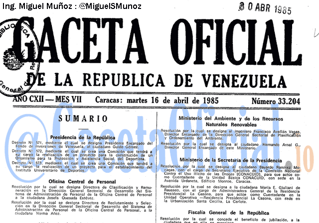 Gaceta Oficial 33204 del 16 Abril 1985