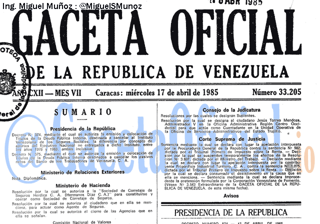 Gaceta Oficial 33205 del 17 Abril 1985