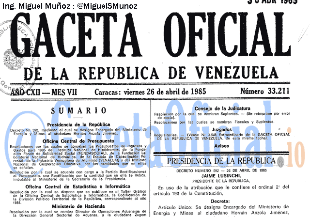 Gaceta Oficial 33211 del 26 Abril 1985