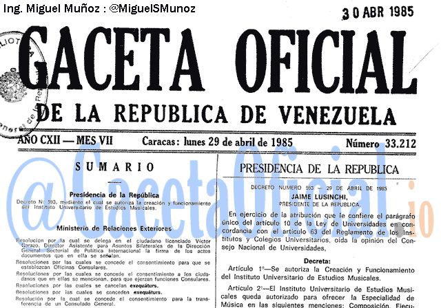 Gaceta Oficial 33212 del 29 Abril 1985