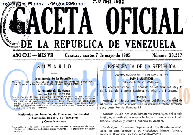 Gaceta Oficial 33217 del 7 Mayo 1985
