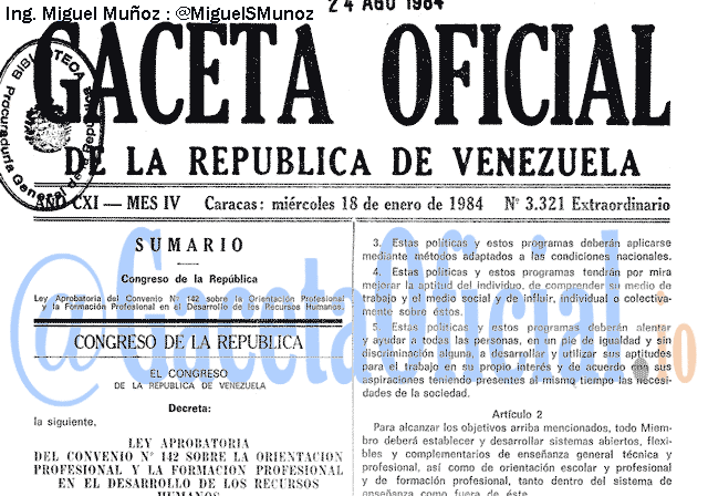 Gaceta Oficial 3321 del 18 Enero 1984