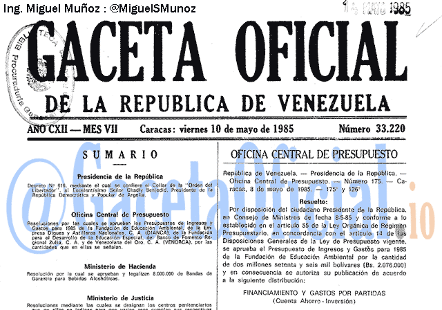 Gaceta Oficial 33220 del 10 Mayo 1985