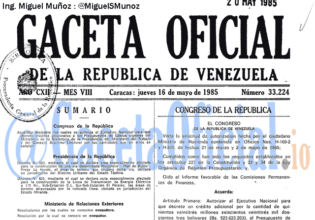 Gaceta Oficial 33224 del 16 Mayo 1985