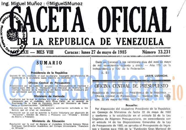 Gaceta Oficial 33231 del 27 Mayo 1985