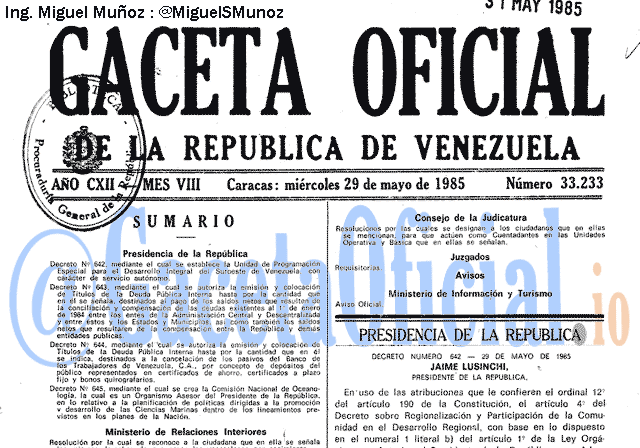 Gaceta Oficial 33233 del 29 Mayo 1985