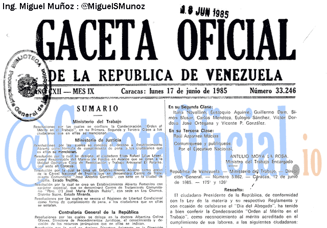 Gaceta Oficial 33246 del 17 Junio 1985