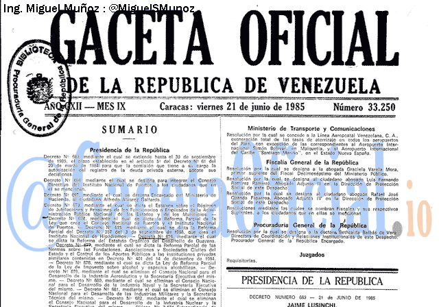 Gaceta Oficial 33250 del 21 Junio 1985