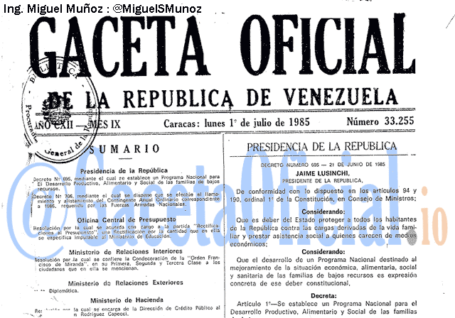 Gaceta Oficial 33255 del 1 Julio 1985