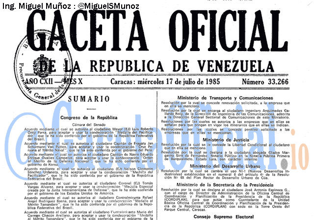 Gaceta Oficial 33266 del 17 Julio 1985