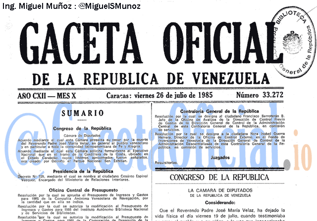Gaceta Oficial 33272 del 26 Julio 1985