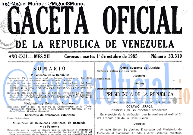 Gaceta Oficial 33319 del 1 Octubre 1985