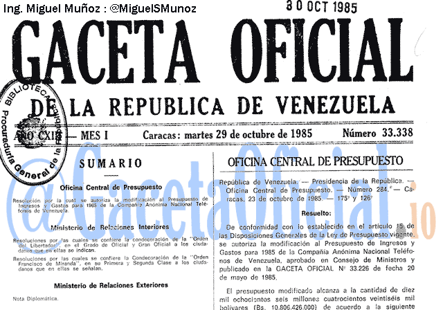 Gaceta Oficial 33338 del 29 Octubre 1985