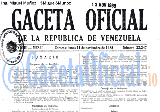 Gaceta Oficial 33347 del 11 Noviembre 1985