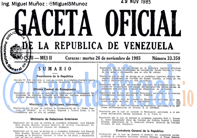 Gaceta Oficial 33358 del 26 Noviembre 1985
