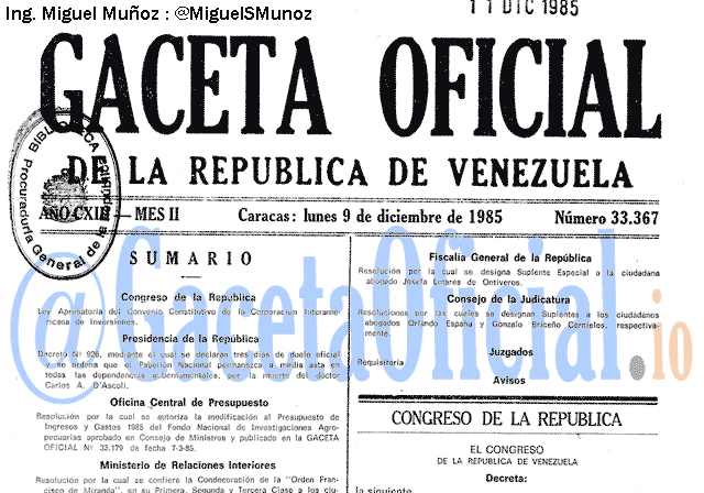 Gaceta Oficial 33367 del 9 Diciembre 1985