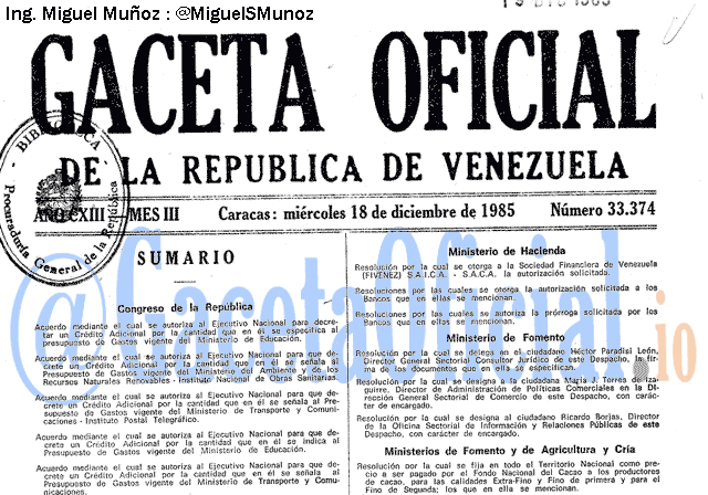 Gaceta Oficial 33374 del 18 Diciembre 1985