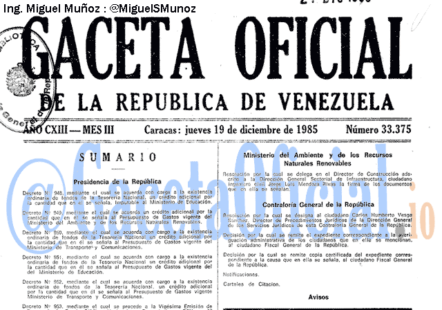 Gaceta Oficial 33375 del 19 Diciembre 1985