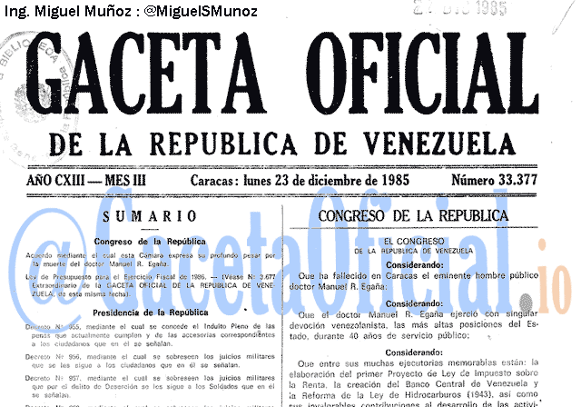 Gaceta Oficial 33377 del 23 Diciembre 1985