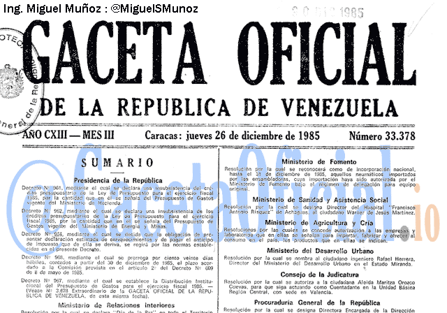 Gaceta Oficial 33378 del 26 Diciembre 1985