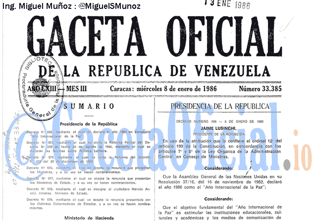 Gaceta Oficial 33385 del 8 Enero 1986