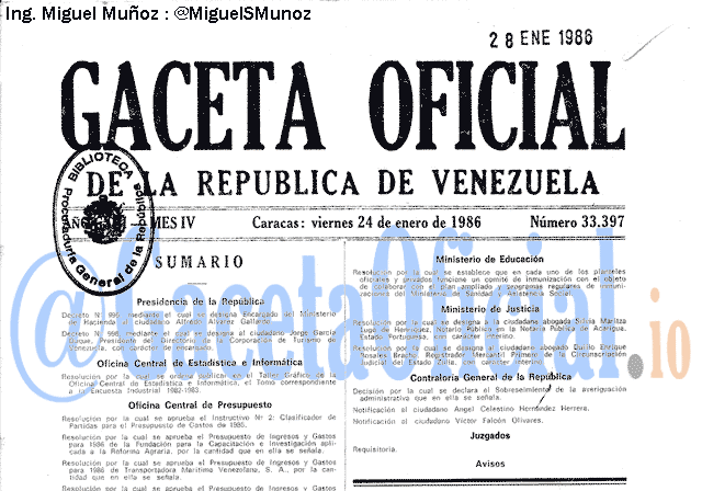 Gaceta Oficial 33397 del 24 Enero 1986
