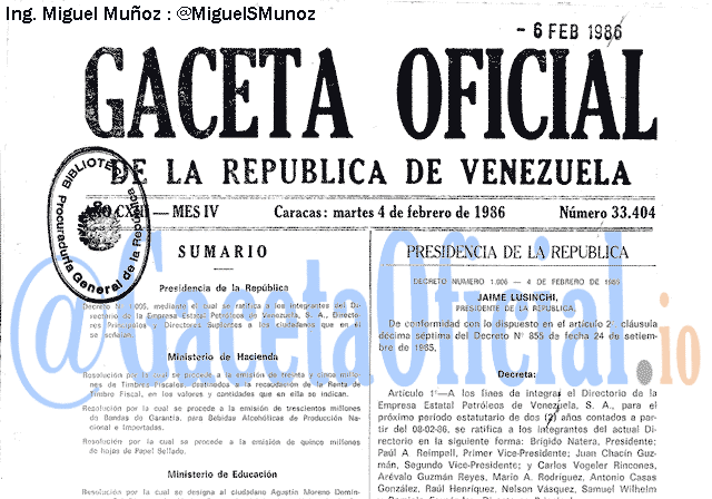 Gaceta Oficial 33404 del 4 Febrero 1986