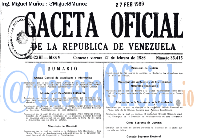 Gaceta Oficial 33415 del 21 Febrero 1986