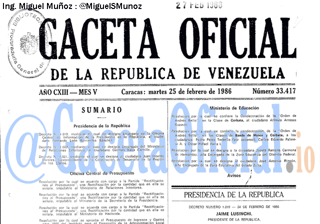 Gaceta Oficial 33417 del 25 Febrero 1986