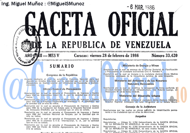 Gaceta Oficial 33420 del 28 Febrero 1986