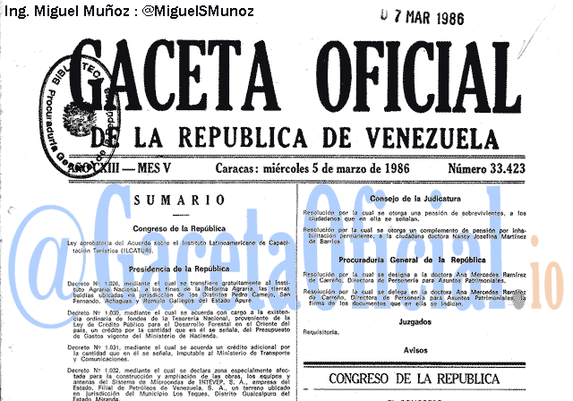 Gaceta Oficial 33423 del 5 Marzo 1986
