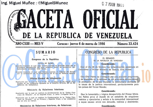 Gaceta Oficial 33424 del 6 Marzo 1986