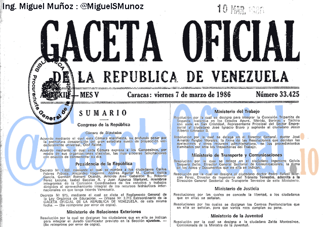 Gaceta Oficial 33425 del 7 Marzo 1986