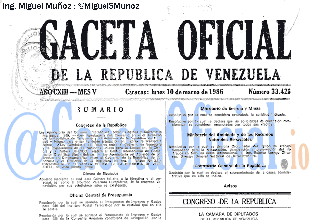 Gaceta Oficial 33426 del 10 Marzo 1986
