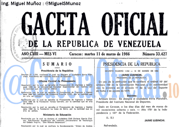 Gaceta Oficial 33427 del 11 Marzo 1986