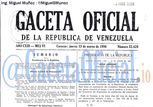 Gaceta Oficial 33429 del 13 Marzo 1986
