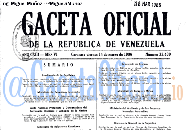 Gaceta Oficial 33430 del 14 Marzo 1986