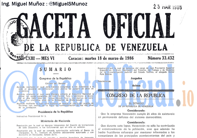 Gaceta Oficial 33432 del 18 Marzo 1986