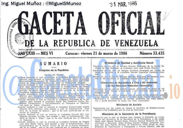 Gaceta Oficial 33435 del 21 Marzo 1986