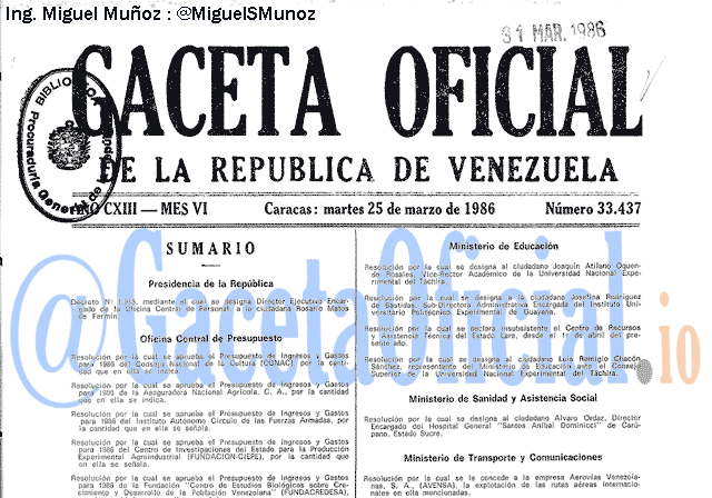 Gaceta Oficial 33437 del 25 Marzo 1986