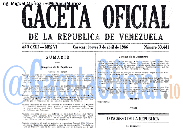 Gaceta Oficial 33441 del 3 Abril 1986