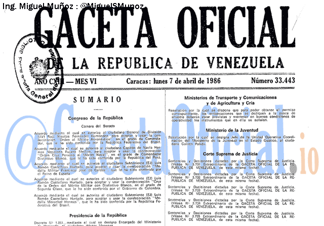 Gaceta Oficial 33443 del 7 Abril 1986