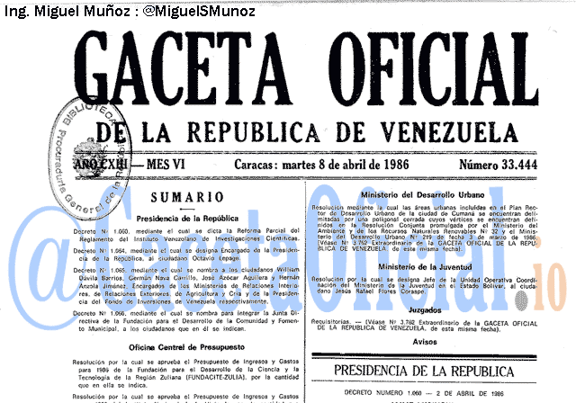 Gaceta Oficial 33444 del 8 Abril 1986