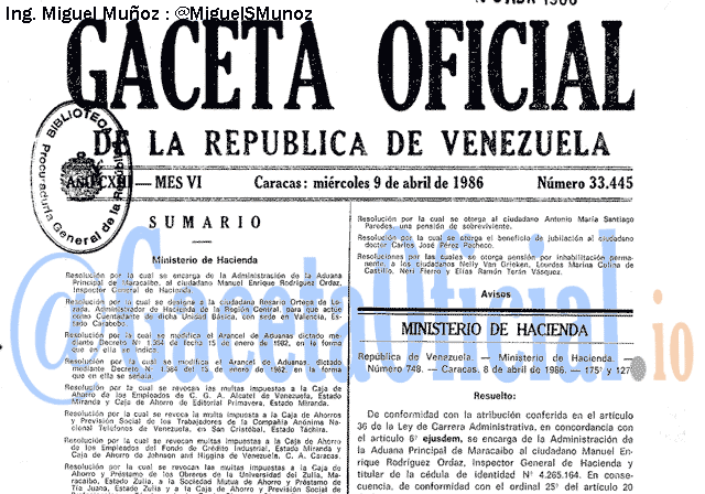 Gaceta Oficial 33445 del 9 Abril 1986