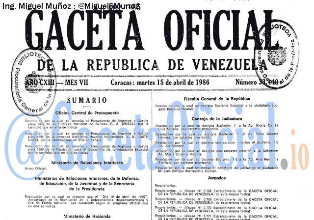 Gaceta Oficial 33449 del 15 Abril 1986