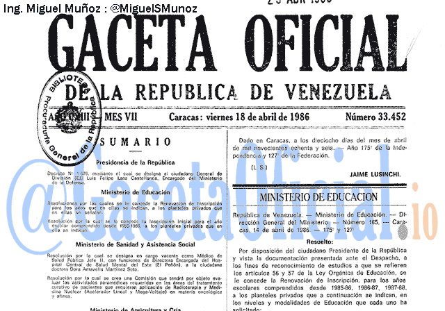 Gaceta Oficial 33452 del 18 Abril 1986