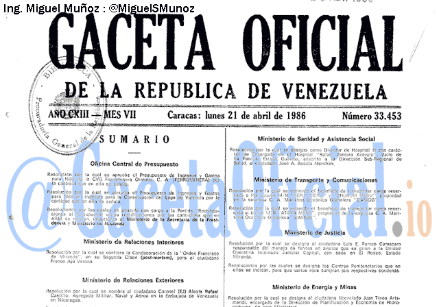 Gaceta Oficial 33453 del 21 Abril 1986