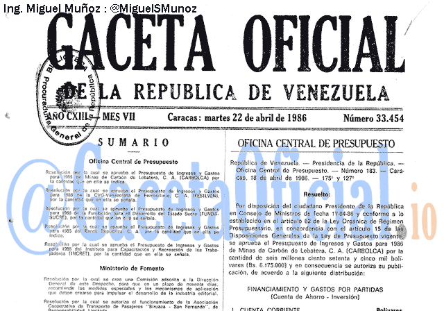 Gaceta Oficial 33454 del 22 Abril 1986
