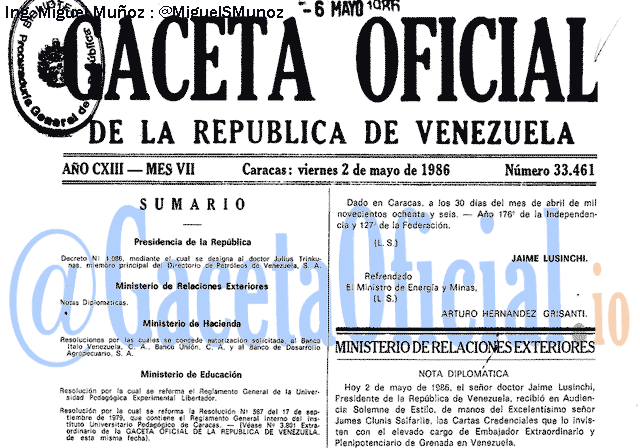 Gaceta Oficial 33461 del 2 Mayo 1986
