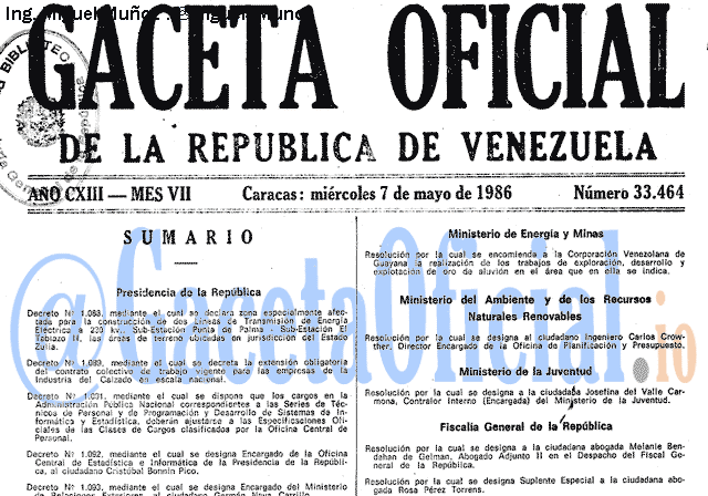 Gaceta Oficial 33464 del 7 Mayo 1986
